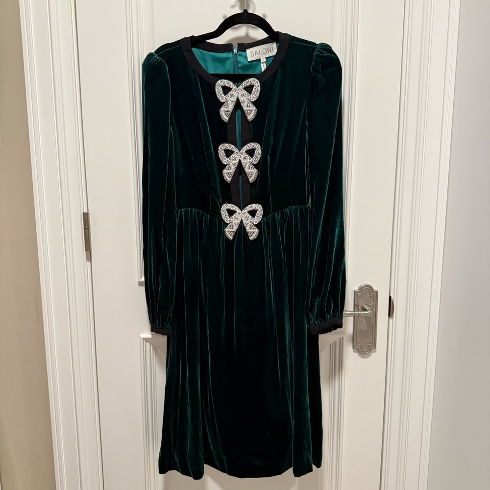 Saloni Camille Racing Green Velvet Dress 4 Jeweled Bows Midi Feminine Holiday - Picture 5 of 8